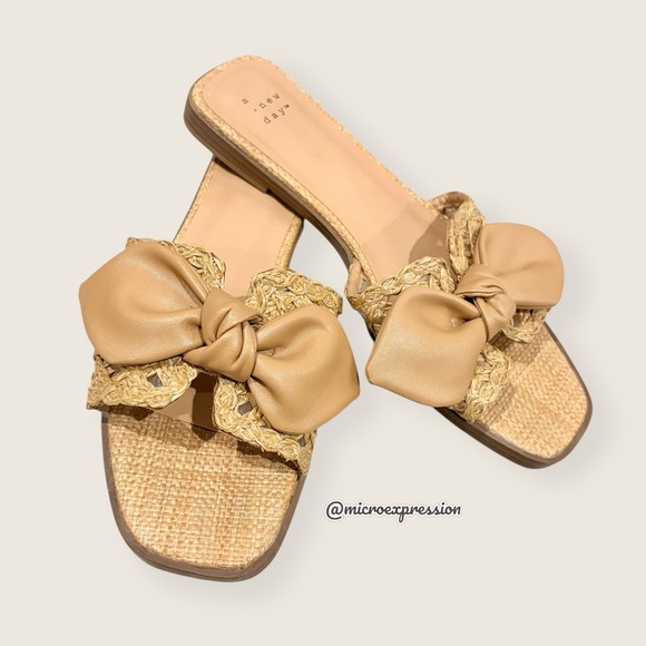 A New Day Bow Tie Cream Tan Woven Beach Summer Spring Casual Comfy Open Sandal - Picture 6 of 6